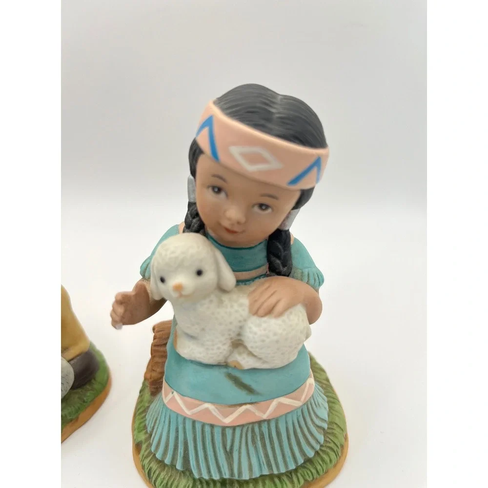 Vintage Homco 1428 Native American Children Figurines Boy Wolf Girl Lamb Set 2